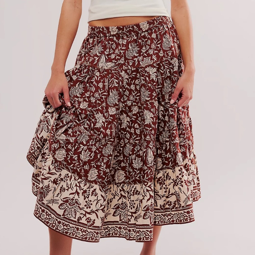 Free People In Full Swing Printed Midi Skirt in Chocolate Combo Size L